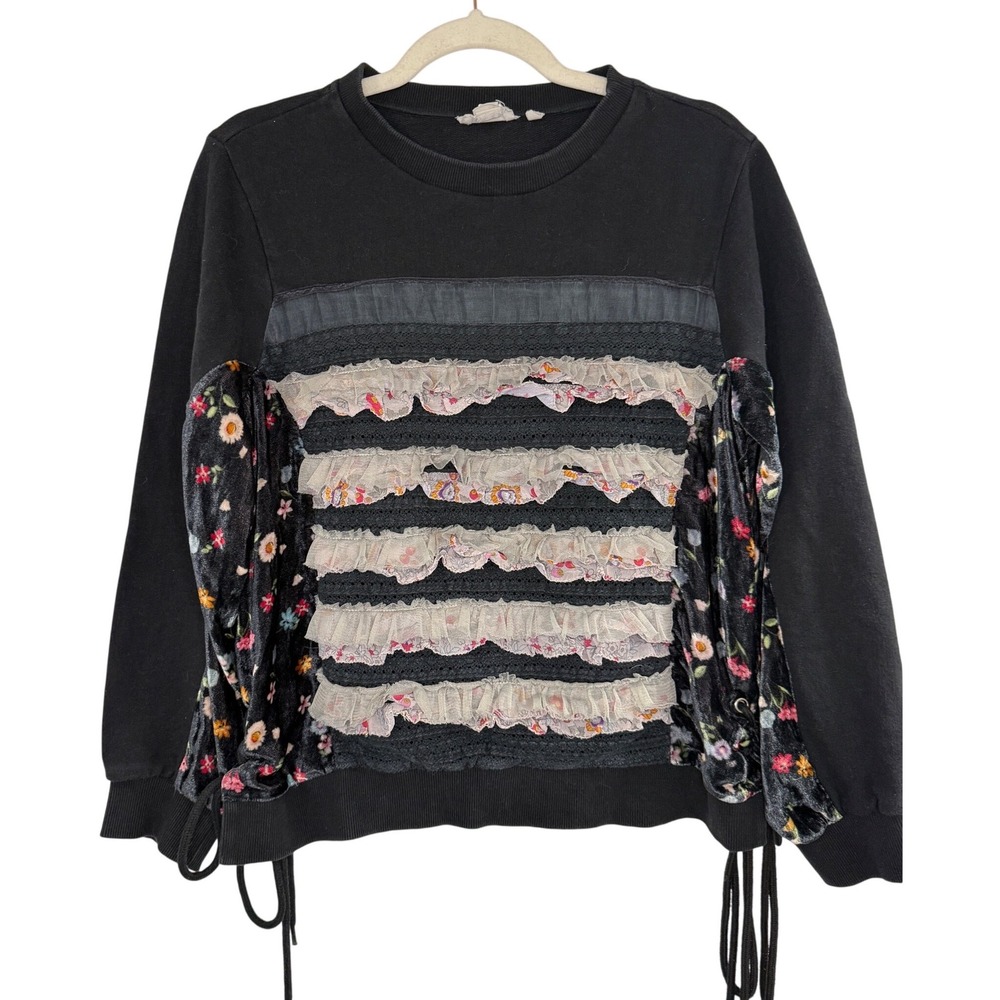 Let Me Be Mixed Media Sweatshirt Women S Black Floral Velvet Ruffle Good Boho